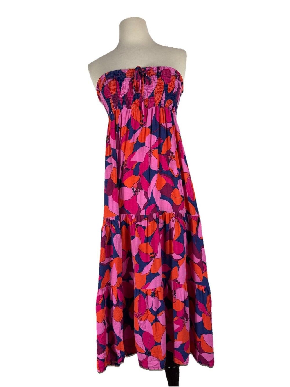 Abel The Label Floral Smocked Tiered Maxi Dress Medium Pink Tropical Coastal